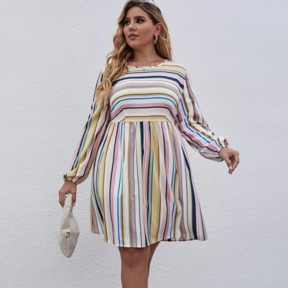 Plus Colorful Striped Bishop Sleeve Dress